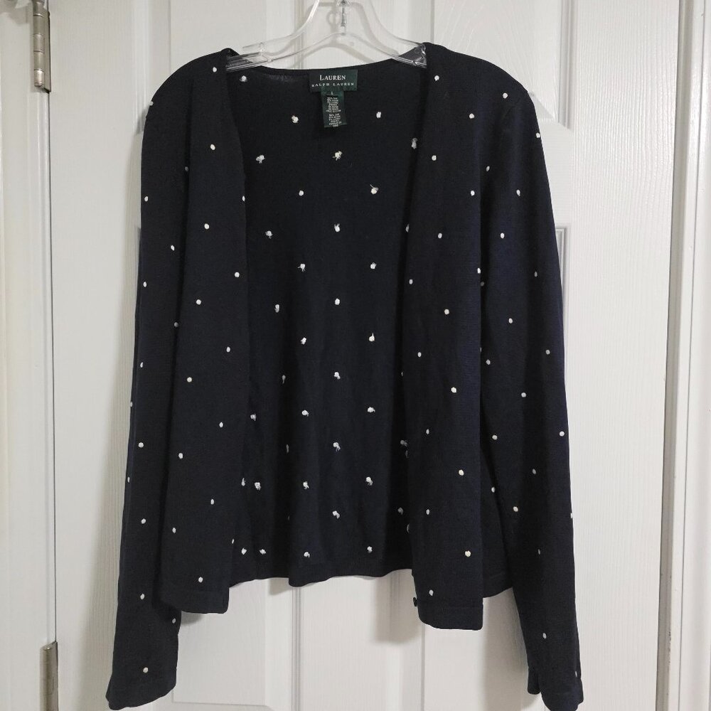 Lauren Ralph Lauren Womens Cardigan Sweater Large Polka Dot Silk Blue